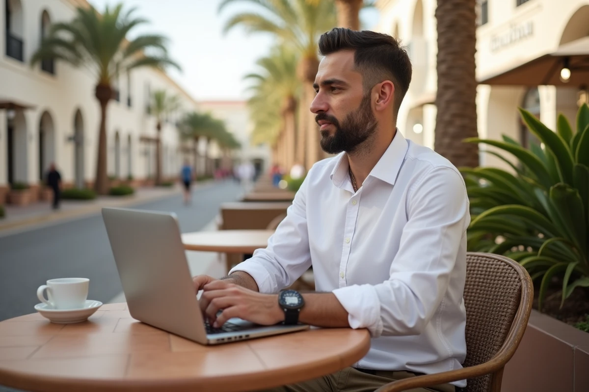 Homme en télétravail en terrasse de café dans le quartier de Jumeirah à Dubaï avec ordinateur portable