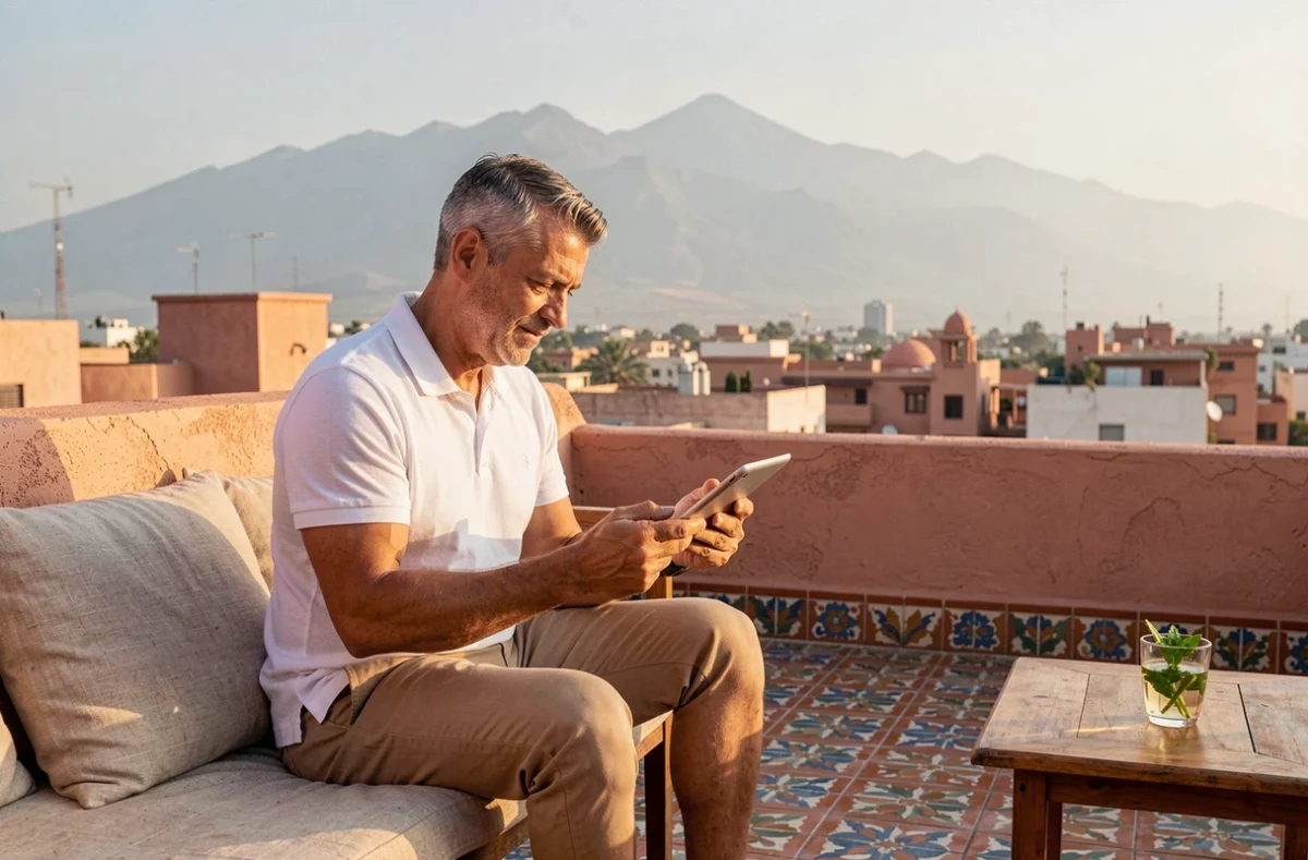 Homme en télétravail sur une terrasse de toit à Marrakech avec vue sur les montagnes de l'Atlas