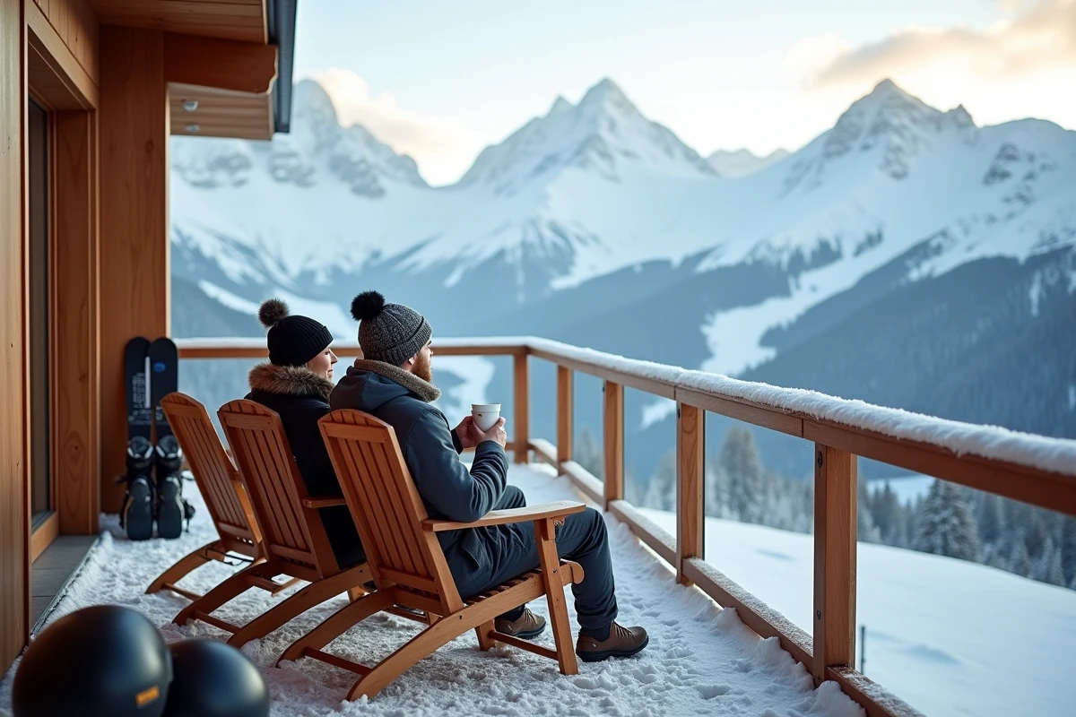 Couple en vacances aux ski sur la terrasse enneigée d'un appartement avec vue panoramique sur les pistes des Menuires
