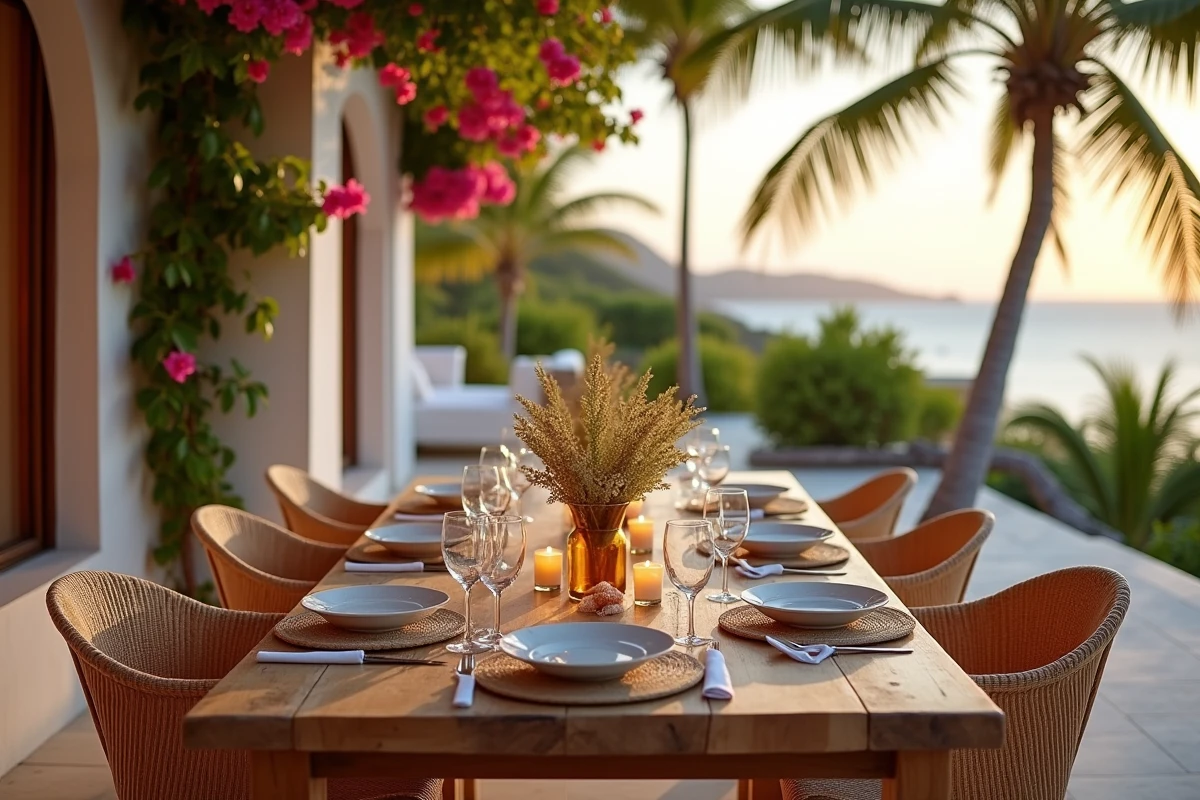 Terrasse de dîner en plein air d'une villa de location de luxe à Saint-Barthélemy avec vue mer