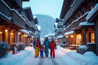Village de montagne aux Menuires avec chalets savoyards enneigés et familles en tenue de ski dans les rues piétonnes