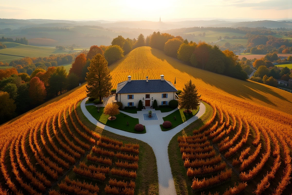 Vue panoramique sur des parcelles de vignobles bordelais en automne avec une ferme en pierre typique de la région Saint-Émilion